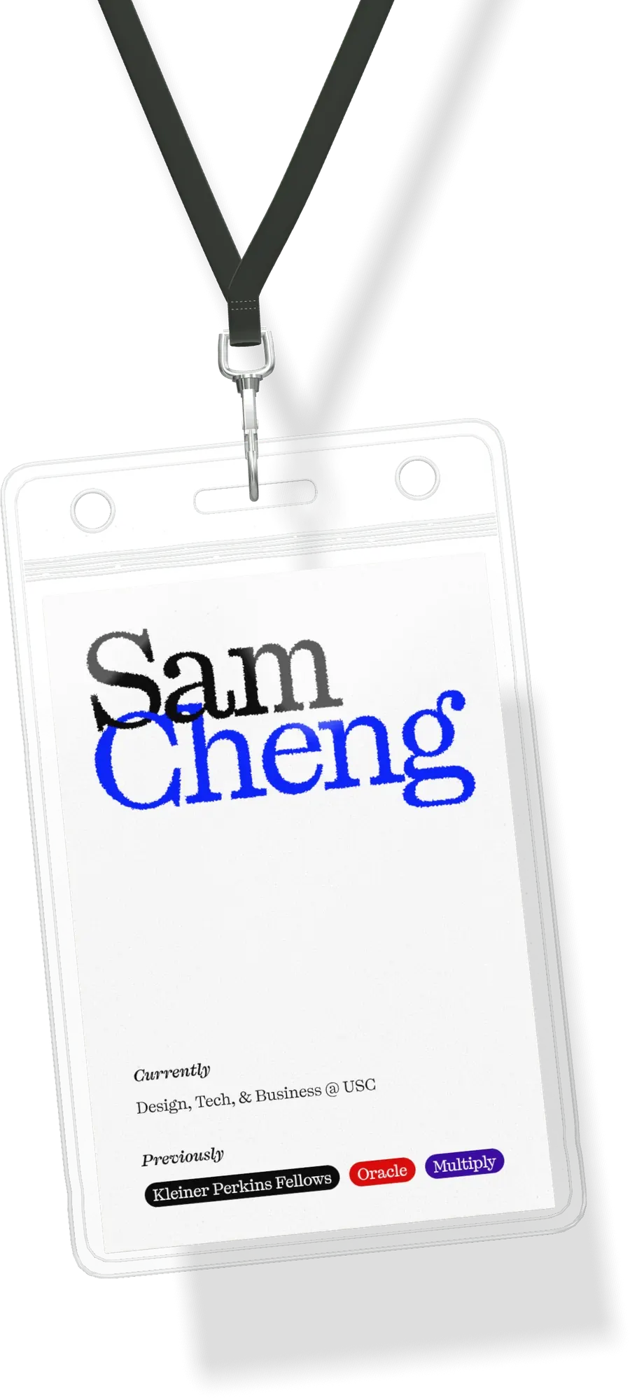 Sam Cheng’s badge on a lanyard