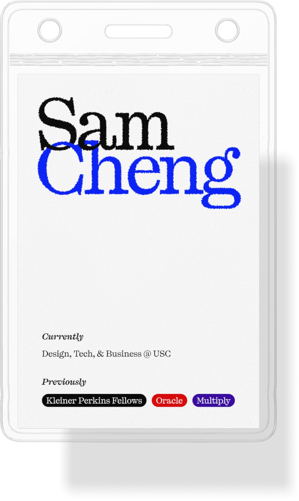 Sam Cheng badge in a clear sleeve
