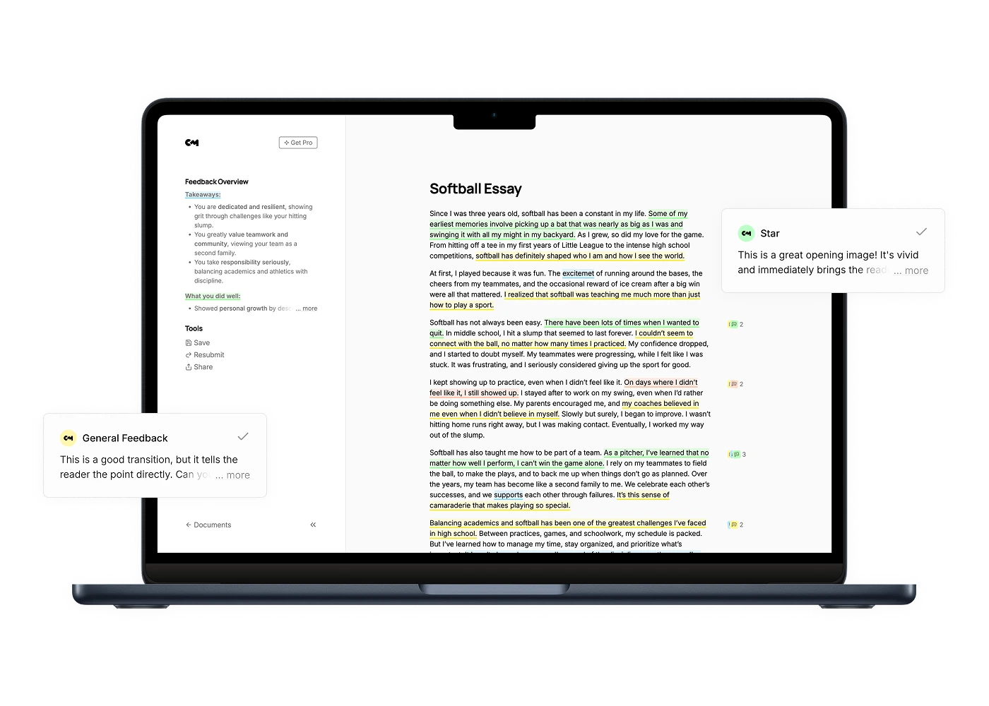 Classmate open on a laptop: a student essay marked up with inline AI feedback.