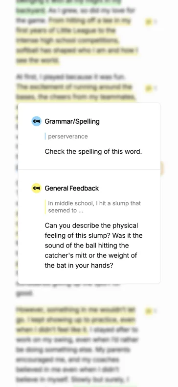 Feedback cards on mobile, over the essay they point at.