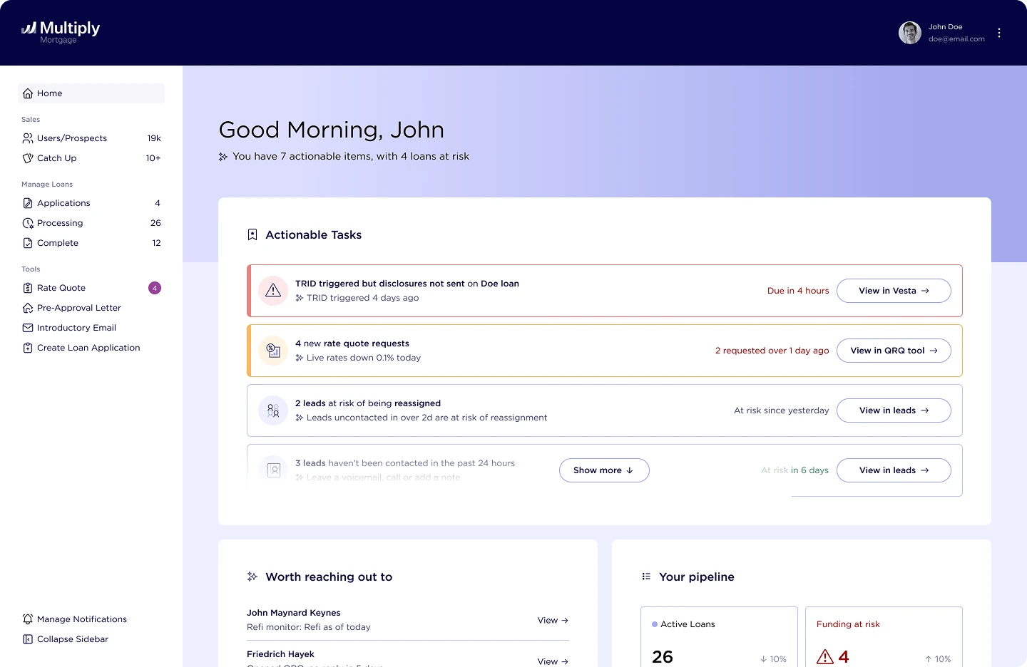 Multiply Mortgage's loan officer dashboard, showing a morning briefing of actionable tasks.