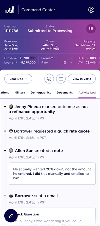 A loan on mobile, with its activity log.