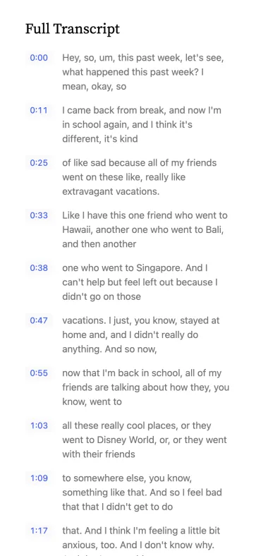 The session transcript on mobile, timestamped line by line.