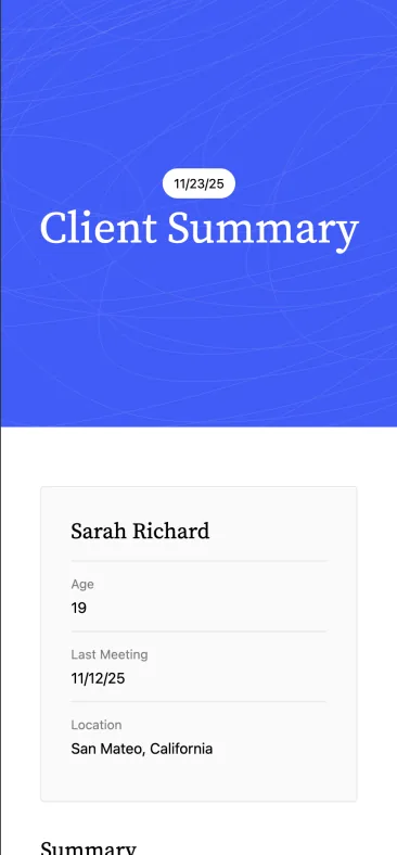 A client summary on mobile, opening on who the session is about.