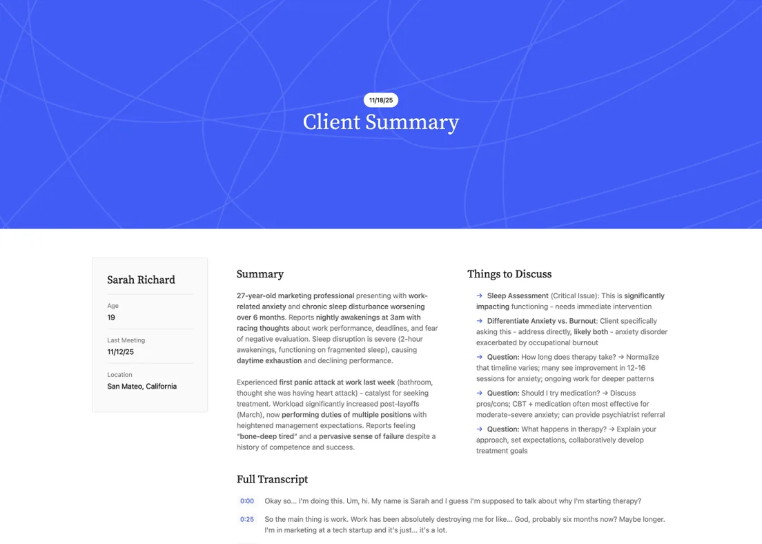 Client summary — the client, what came up, and what to discuss.